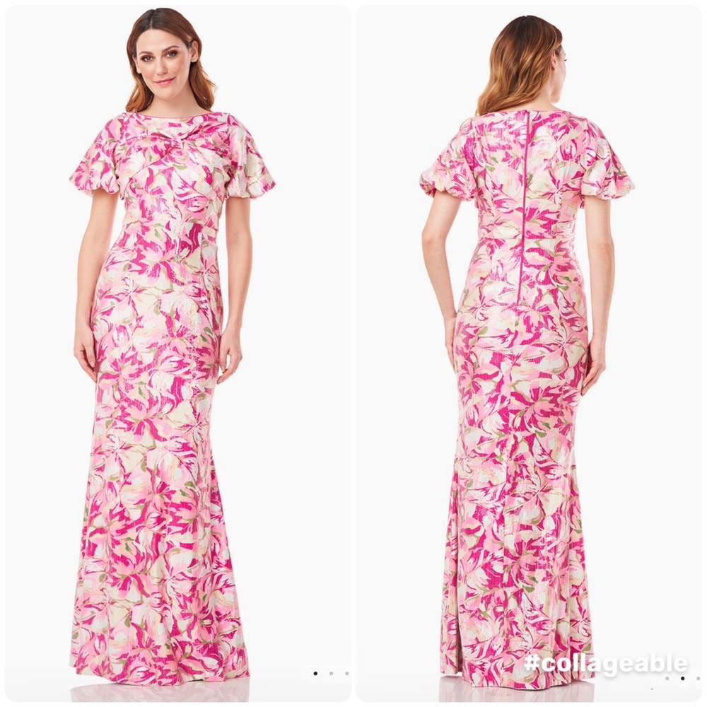 NEW JS Collections Pink Floral LOUISA Bow BOAT NECK Sequins MERMAID GOWN